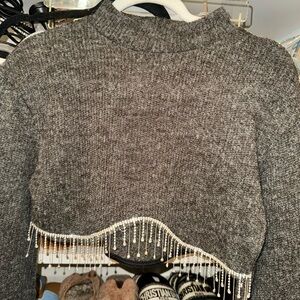 Gray wool Zara sweater with crystal hem